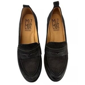 Mizโ Mooz Women's Gracie Loafer Black Suede Size 40 US 9 Perforated Toe Distress